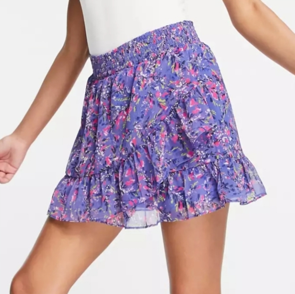 French Connection Asymmetrical Ruffle Skirt Floral Pier Blue Sz. M